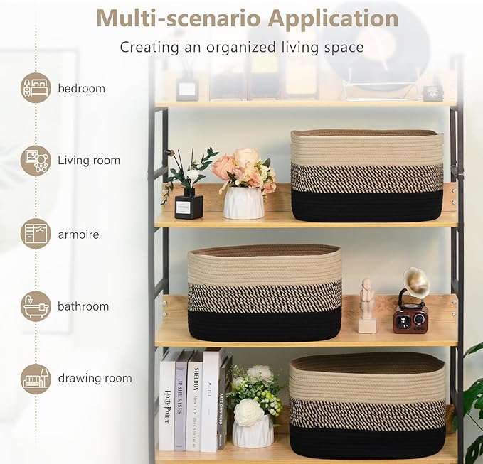 Cotton Rope Storage Basket, 15x10x9 Inches, Woven Basket for Shelves, Clothes, Towels, Books, and Laundry, Gradient Black/Brown (1 Pack)