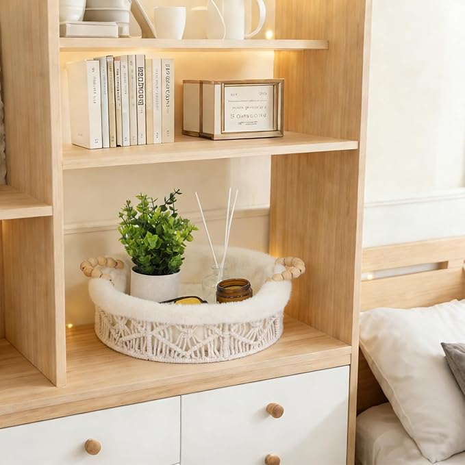 Plush Lined Storage Basket for Organizing with Handles, Boho Round Woven White Small Basket Decorative Storage Organizer for Shelves Dresser Entryway Countertop Decor