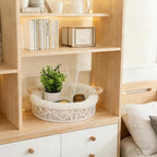 Plush Lined Storage Basket for Organizing with Handles, Boho Round Woven White Small Basket Decorative Storage Organizer for Shelves Dresser Entryway Countertop Decor
