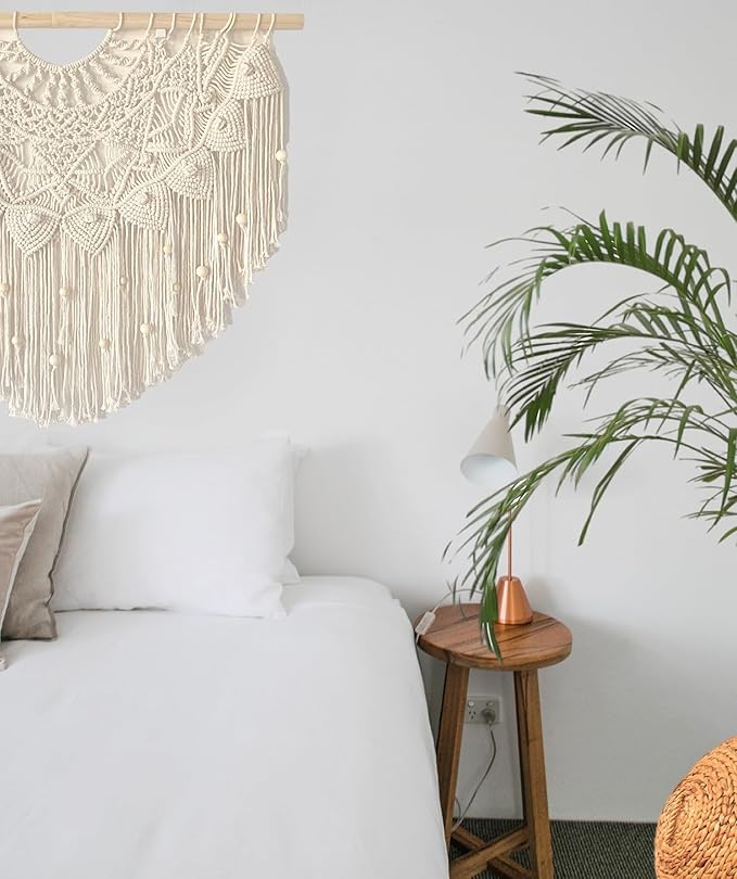 Youngeast Large Macrame Wall Hanging Boho Beaded Curtain for Window Macrame Bedroom Headboard Living Room Wall Art Tassel Tapestry Bohemian Woven Wall Decor 31" W X 25" H (Beige)