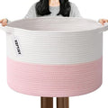 115L Large Blanket Basket,23.6" L x 23.6" W x 15.7" H Rope Woven Baskets with Handles, Toys Storage Bins,Laundry Basket Perfect for Living Room, Nursery,Bedroom,Home Organization,White&Pink