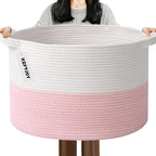 115L Large Blanket Basket,23.6" L x 23.6" W x 15.7" H Rope Woven Baskets with Handles, Toys Storage Bins,Laundry Basket Perfect for Living Room, Nursery,Bedroom,Home Organization,White&Pink
