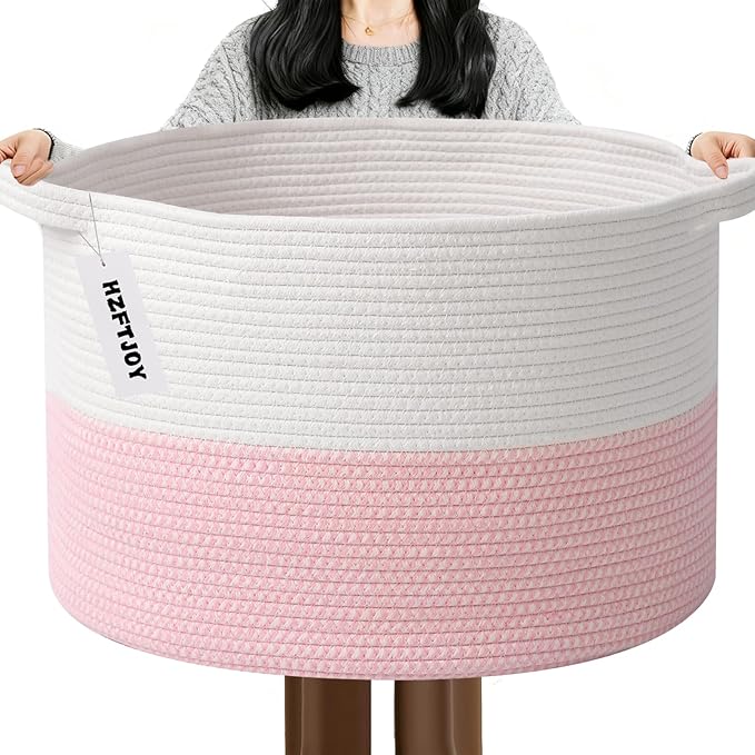 115L Large Blanket Basket,23.6" L x 23.6" W x 15.7" H Rope Woven Baskets with Handles, Toys Storage Bins,Laundry Basket Perfect for Living Room, Nursery,Bedroom,Home Organization,White&Pink