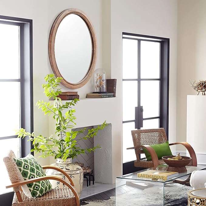 sawsile Round Wood Mirror,30 inch Circle Rustic Farmhouse Natural Wooden Frame Boho Beads Wall Mirror for Bathroom,Living Room,Bedroom or Entryway