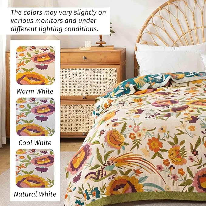 Qidordour Boho Throw Blanket, 60"x80" Muslin Blankets for Adult, 100% Organic Cotton Blanket for Couch Sofa, Lightweight Quilt, All Season Bed Throw, Farmhouse Home Decor, C-Phoenix Floral