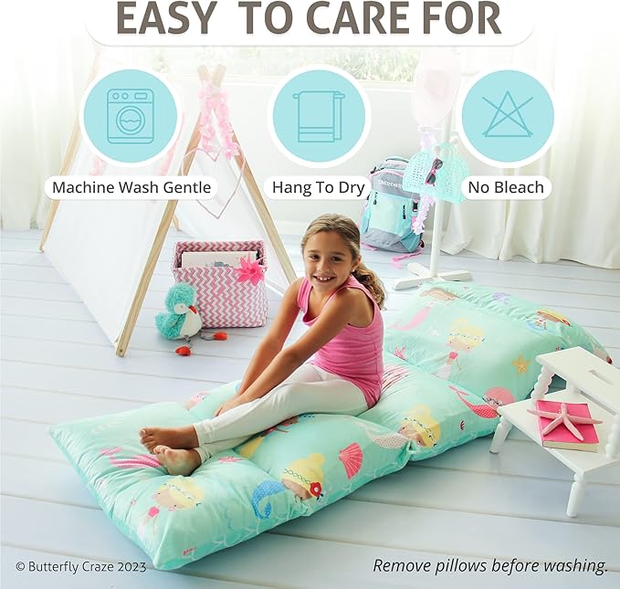Butterfly Craze Floor Pillow Case - Cozy Reading Chair & Lounger - Versatile Seat & Floor Bed - Portable Cushion & Sleeping Pad - Queen, Mermaid Aqua