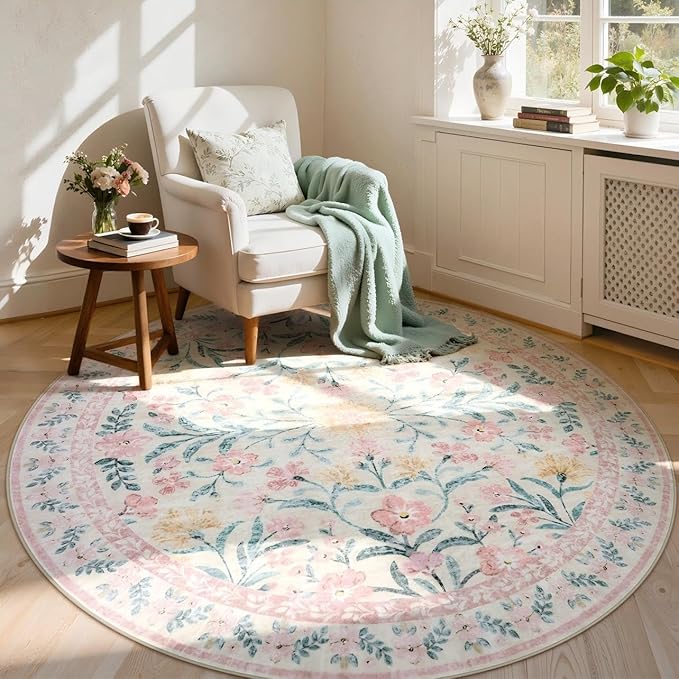 Lahome Sylvie Pink Floral 6 ft Round Rug, Soft Cozy Circle Rug for Tween Girls Bedroom Decor, Machine Washable Nursery Carpet with Non-Slip Backing for Retreat or Reading Nook