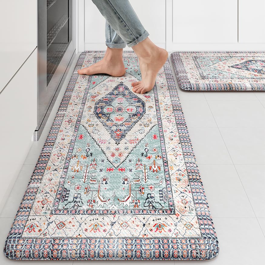 KIMODE Farmhouse Kitchen Mats, Anti Fatigue Kitchen Rugs Sets of 2, Non Slip Paded Kitchen Floor Mats, Blue Boho Laundry Room Rug, Ergonomic Cushioned Comfort Standing Mat for Office, Sink, Desk - color: Multi Blue, size: 17.3" x 47 "+ 17.3" x 29 "--0.47