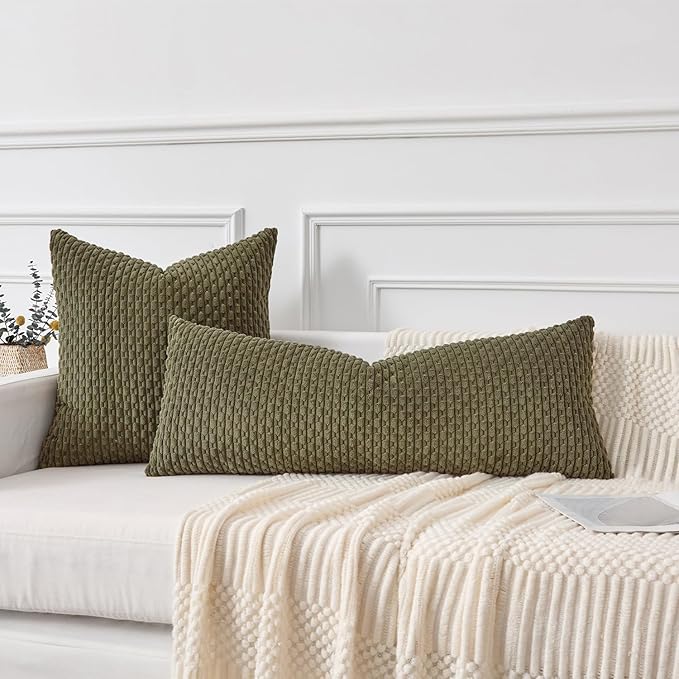 Kevin Textile 20x54 Inch Long Body Lumbar 1 Pack Boho Decorative Throw Pillow Cover Soft Striped Corduroy Rectangle Cushion Case Farmhouse Accent for Living Room Couch Sofa Bed, Olive Green