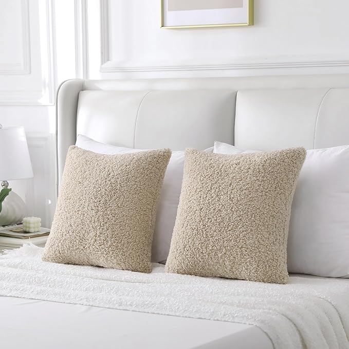 FUTEI Beige Throw Pillow Covers 18x18 Inch Set of 2,Furry Faux Fur Teddy Boucle Textured Cushion Covers,Soft Fluffy Decorative Pillow Case,Home Decor for Couch Bed Living Room Office Car