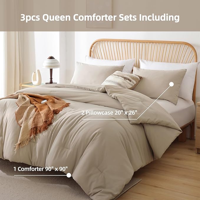 ROSGONIA Queen Comforter Set Light Khaki,3pcs Bedding Comforter Sets(1 Khaki Comforter & 2 Pillowcases) All Season Lightweight Bedspread Blanket Quilt