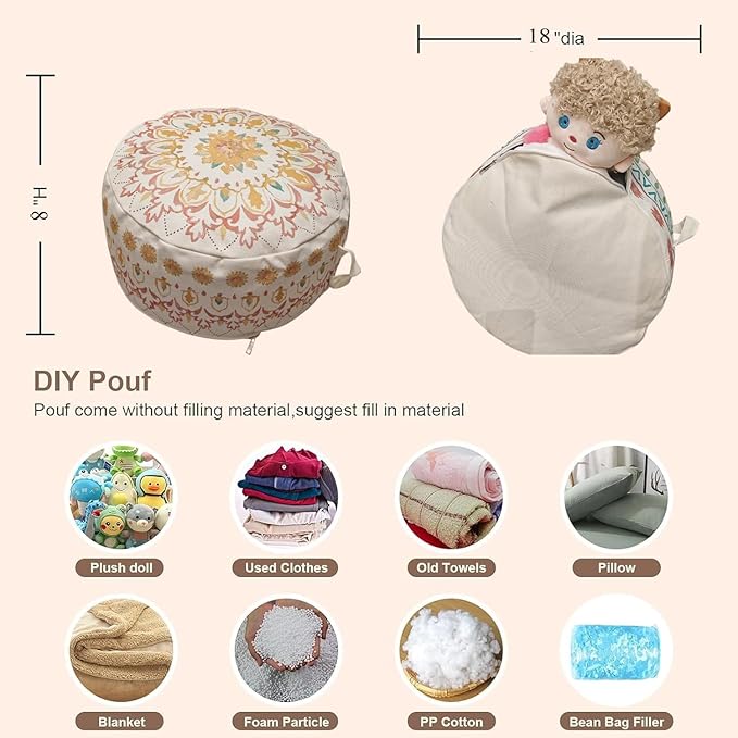 MOCOFO Round Bohemian Ottoman Pouf Cover, 18 Inch, Cotton Blend, Church Window Print, Living Room Storage Footrest, Cover Only (Light Tie-dye Pink)