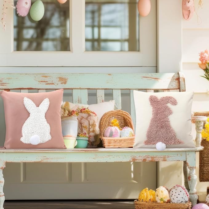 Tufting Easter Pillow Covers 18" x 18" Set of 2 Bunny Pillow Covers 3D Tufted Bunny Rabbit Throw Pillowcase Easter Decorative for Bedroom Sofa Home Decor(Beige, Light Pink)