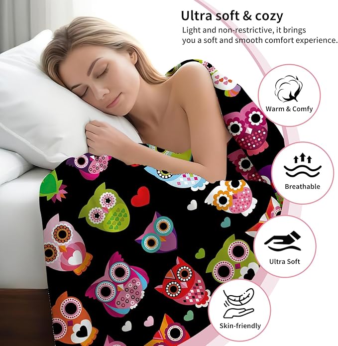 Throw Blanket for Couch, 300GSM Warm Soft Cozy Flannel Blanket, Cute Blanket for All Seasons Bedroom Home Decor Gifts, Colorful Boho Owls 50x60 Inches