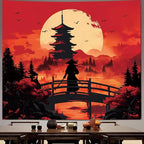 Apdidl Anime Japanese Samurai Wall Tapestry for Bedroom, Cool Black and Red Forest Mountain Moon Backdrop Tapestries Aesthetics, Medieval Dark Sunset Tower Wall Hanging for Men Room Dorm 51"X60"