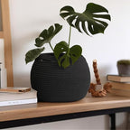 Black Woven Storage Basket, 11" x 9" Indoor Plant Basket for Decor, Decorative Small Cotton Rope Bin for Organizing Pet Toy, Gifts, Towel, Cloth, Socks, Wicker Planter Holder, Modern Shoe Bin