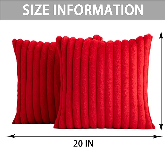 Pack of 2 Faux Fur Christmas Throw Pillow Covers 20x20 Inch, Soft Plush Striped Neutral Couch Pillow Cover, with Velvet Back Modern Home Decor for Sofa Living Room Couch Bed Red
