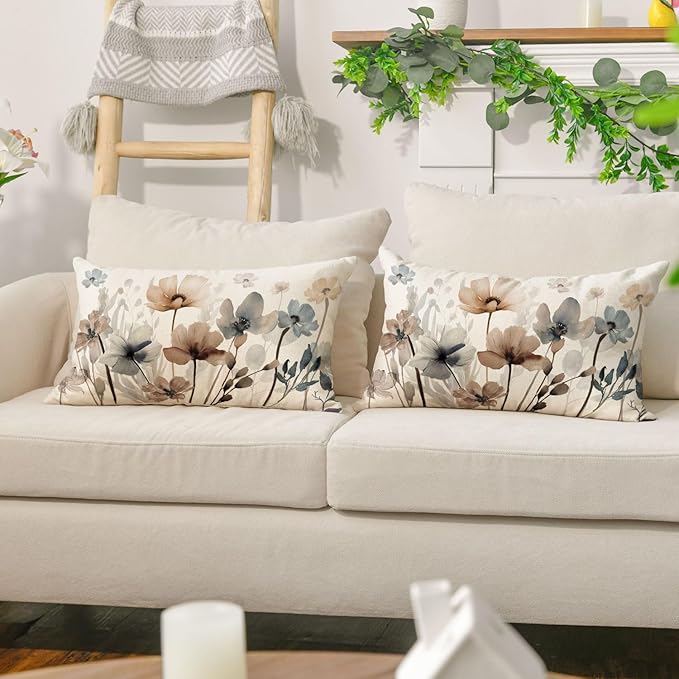 AVOIN colorlife Poppy Flowers Chinoiserie Throw Pillow Covers, 12 x 20 Inch Seasonal Fall Leaves Cushion Case Decoration for Sofa Couch Set of 2