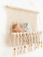 Crane Baby Macrame Hanging Storage Bin for Nursery, Boho Baby Decor, Baby Toy Hanging Basket Wall Storage, Bohemian Macrame Nursery Decor, 16" W X 22" H