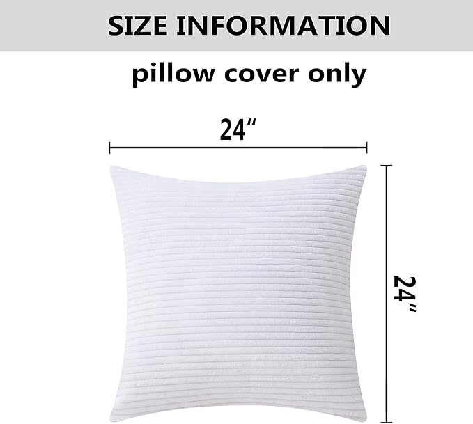 Home Brilliant White Euro Shams Set of 2 60x60 Pillow Covers Striped Corduroy Textured Velvet European Pillow Shams for Couch, 24 x 24 inch, Pure White