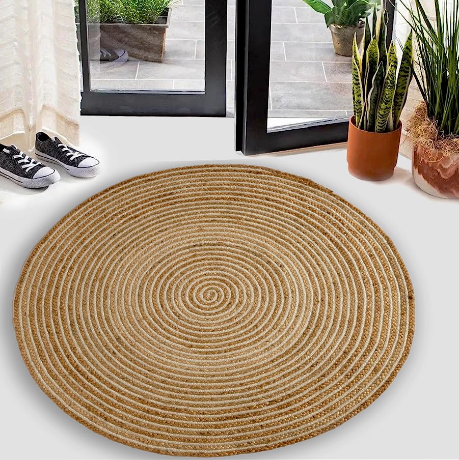 GRUHUM Handwoven 7ft Jute Area Rug Natural Fiber Cotton Round Boho Farmhouse Rustic Vintage Soft Braided Reversible Eco Friendly Rugs- Indoor Outdoor Kitchen Bedroom Living Room Hallways (7'ft Round) - color: Natural- 13, size: 7' (Round)
