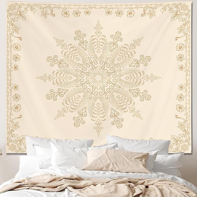 Apdidl Boho Mandala Floral Wall Tapestry for Bedroom Aesthetic, Bohemian Cute Flower Hippie Indian Beige Wall Hanging Blanket, Medallion Art Decor Tapestries for Teen Girls Living Room Dorm 60" X 79"