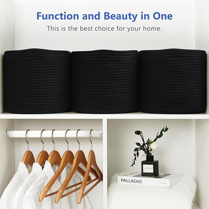 Cotton Rope Storage Basket, 15x10x9 Inches, Woven Basket for Shelves, Clothes, Towels, Books, and Laundry, Black (1 Pack)