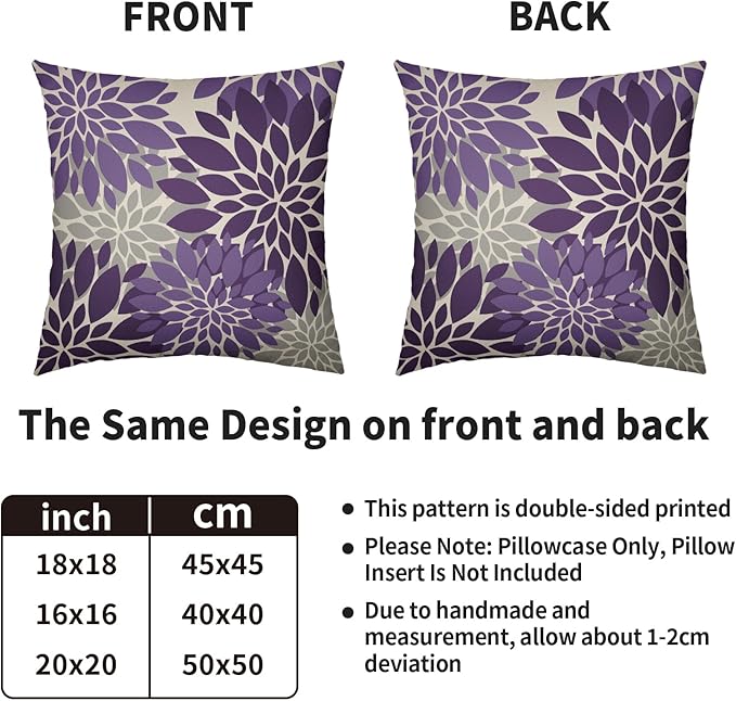 Purple Pillow Covers 16X16 Inch Set of 2, Dahlia Flower Spring Summer Floral Cream Decorative Throw Pillow Covers Outdoor Modern Farmhouse Cushion Case for Home Couch Sofa Bed Decor