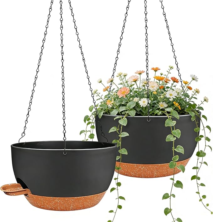 12 Inch Self Watering Hanging Planters 2 Pack, Indoor Outdoor Hanging Pots for Plants with Drainage Holes & Saucers, Black Brown Plastic Hanging Baskets for Kitchen Balcony Garden