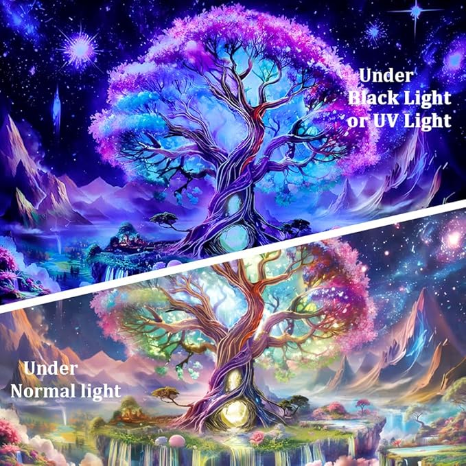 Huzuya Tree of Life Tapestry Blacklight Aesthetic Tree Tapestry UV Reactive Galaxy Space Tapestries Fantasy Waterfall Wall Tapestries Colorful Starry Sky Wall Hanging Decor for Home