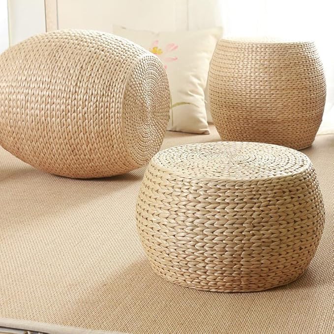 Natural Straw Round Pouf Ottoman, Handwoven Boho Footstool with Wood Frame for Living Room Bedroom Patio Garden (12.2"x12.2"x8.7")