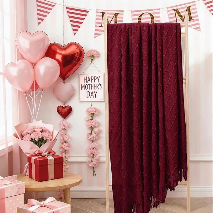 inhand Claret Knitted Throw Blanket for Couch Bed, Mothers Day/Mom Birthday Gifts for Mom from Daughter Son, Soft Lightweight with Tassels, Farmhouse Warm Decorative Blanket for Women, 60"x80"