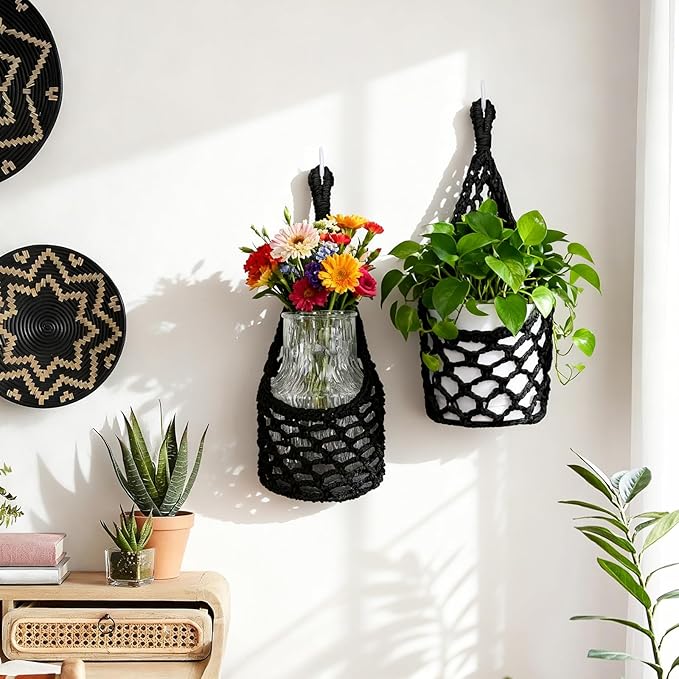 Macrame Wall Plant Hanger, Hanging Planter Basket Holder, Wall Planters for Indoor Plants, for Up to 6 Inch Pot (Black, 6-Inch)