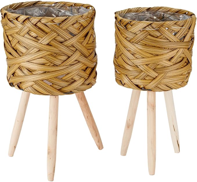 THY COLLECTIBLES Set of 2 Woven Planter Baskets with Plastic Lining and 3 Wooden Legs, Flowers, Toys Rustic Farmhouse (Thick Weave)