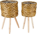 THY COLLECTIBLES Set of 2 Woven Planter Baskets with Plastic Lining and 3 Wooden Legs, Flowers, Toys Rustic Farmhouse (Thick Weave)