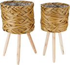 THY COLLECTIBLES Set of 2 Woven Planter Baskets with Plastic Lining and 3 Wooden Legs, Flowers, Toys Rustic Farmhouse (Thick Weave)