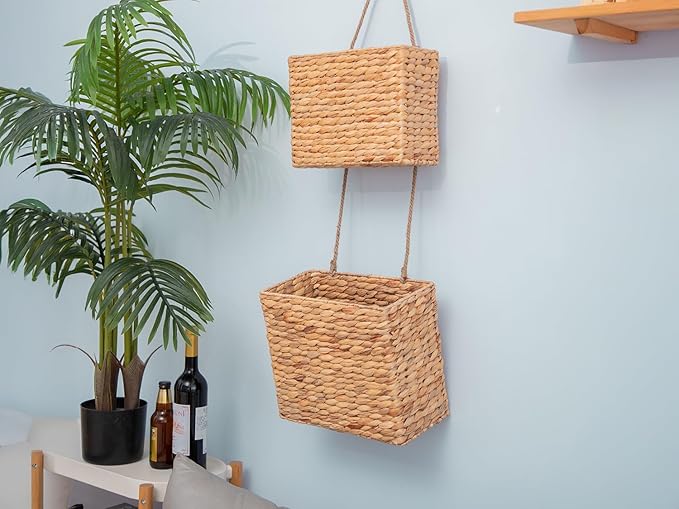 YAHUAN Woven Water Hyacinth Hanging Basket 2-Tiered Rectangular Storage Baskets Over the Door Organizer Hanging Organizer Hanging Wall Basket for Home,Kitchen,Garden, Office (Rectangular)