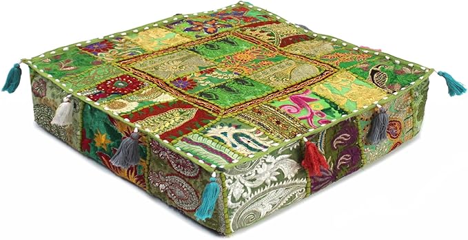 Mam Treasures Indian Bohemian Decorative Pillow Vintage Cushion Cover Patchwork Square Floor Pillow Cover Meditation Cushion Large Floor Pillow Indian Cushion (Light Green, 18 X 18 X 5 Inch)