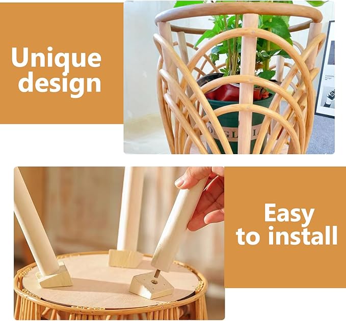 Boho Rattan Plant Stand Indoor Outdoor - Set of 2 (Small & Medium) Wicker Planter Shelf for Multiple Plants, Mid-Century Modern Wooden Flower Pot Holder with Stand, Farmhouse Home Decor for Living Room, Balcony, Patio