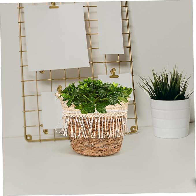 Toyvian Rustic Handwoven Plant Basket with Tassel Natural Grass Rope Indoor Planter Decorative Floral Container with Built in Leak Liner for Living Bedroom Office Boho Farmhouse Style