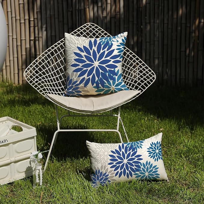 DFXSZ Blue Flower Pillow Covers 12x20 Inch Set of 2 Dark and Light Blue Colored Pillow Outdoor Waterproof Decor for Patio Funiture Garden Summer Floral Square Polyester pillowcovers 002E12