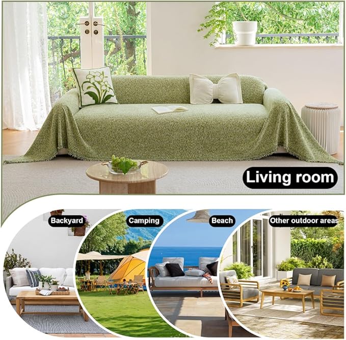 ROOMLIFE Green Sofa Cover, Extra Large Boho Couch Cover Sofa Covers for 3 Cushion Couch, Soft Chenille Sofa Cover for Dog, Washable Furniture Sofa Protector Cover Blanket with Tassel 71 '' X 150''