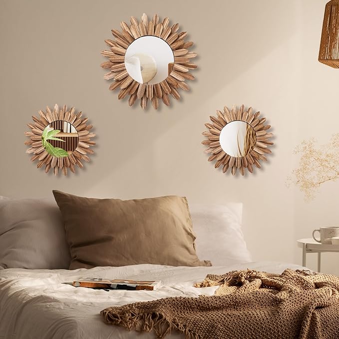 3 Pcs Boho Wall Decor Round Sunburst Mirror Boho Circle Mirror with Rustic Wood Frame Decorative Hanging Wall Art for Farmhouse Home Decor,17 Inch and 12 Inch(Wood Color)