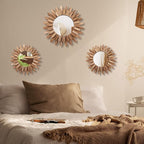 3 Pcs Boho Wall Decor Round Sunburst Mirror Boho Circle Mirror with Rustic Wood Frame Decorative Hanging Wall Art for Farmhouse Home Decor,17 Inch and 12 Inch(Wood Color)