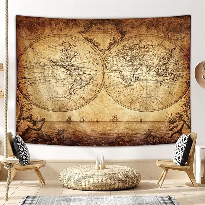JAWO Old World Map Tapestry, Vintage Wanderlust Pirate Map Tapestry Wall Hanging For Bedroom, Historical Atlas Tapestries Poster Beach Blanket College Dorm Home Decor (71W X 60H)