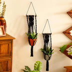 Artilady Black Plant Hanger Macrame Hanging Planter for Indoor Boho Plants Holder with Hooks Hanging Plant Basket Outdoor Window Wall Plants Home Decor (Black Wood Hanger-2pcs)