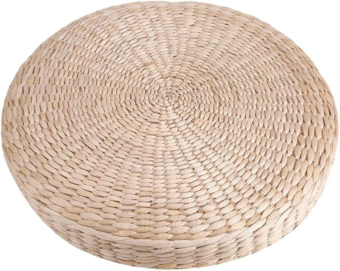 Ejoyous Tatami Seat Cushion, 15.75 x 2.36in Handmade Woven Straw Pouf Floor Seat Cushion Japanese Futon Round Knitted Meditation Pillow Cushion for Home Outdoor Decorative Seat