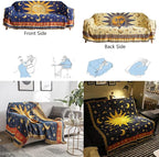 Hippie Throw Blanket Sun Moon Stars Boho Throw Blankets Celestial Tapestry Double-Sided Reversible Woven Cotton Home Decor Bedding Chair Couch Recliner Cover Oversized Tassels Astrology 50"x70"