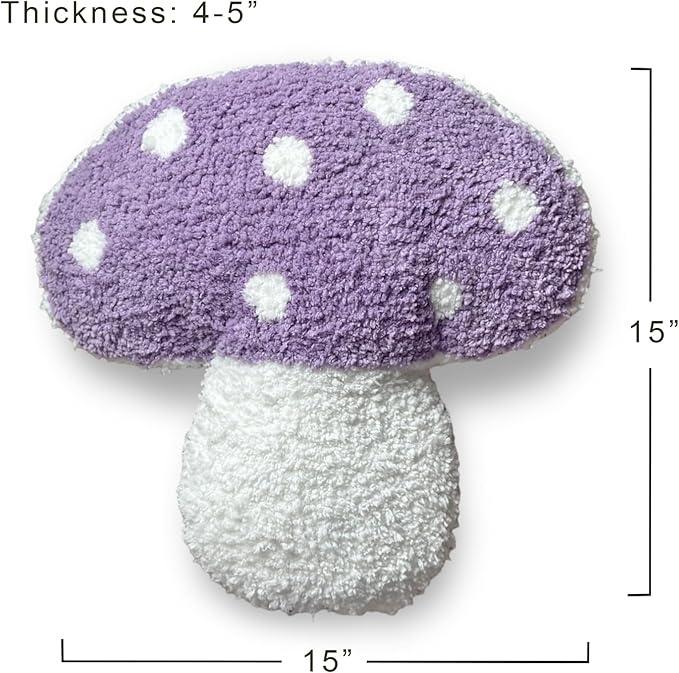 Mushroom Throw Pillow Tufted Decorative Cushion 15” x 15” – Decor for Bed, Couch, Living Room (Purple)
