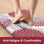 KIMODE Anti Fatigue Kitchen Mat, Cushioned Dahlia Floral Kitchen Runner, Non Slip Memory Foam Kitchen Mat for Floor, Waterproof Standing Desk Mat for Laundry, Office, Sink Red and Grey 17.3"x59"